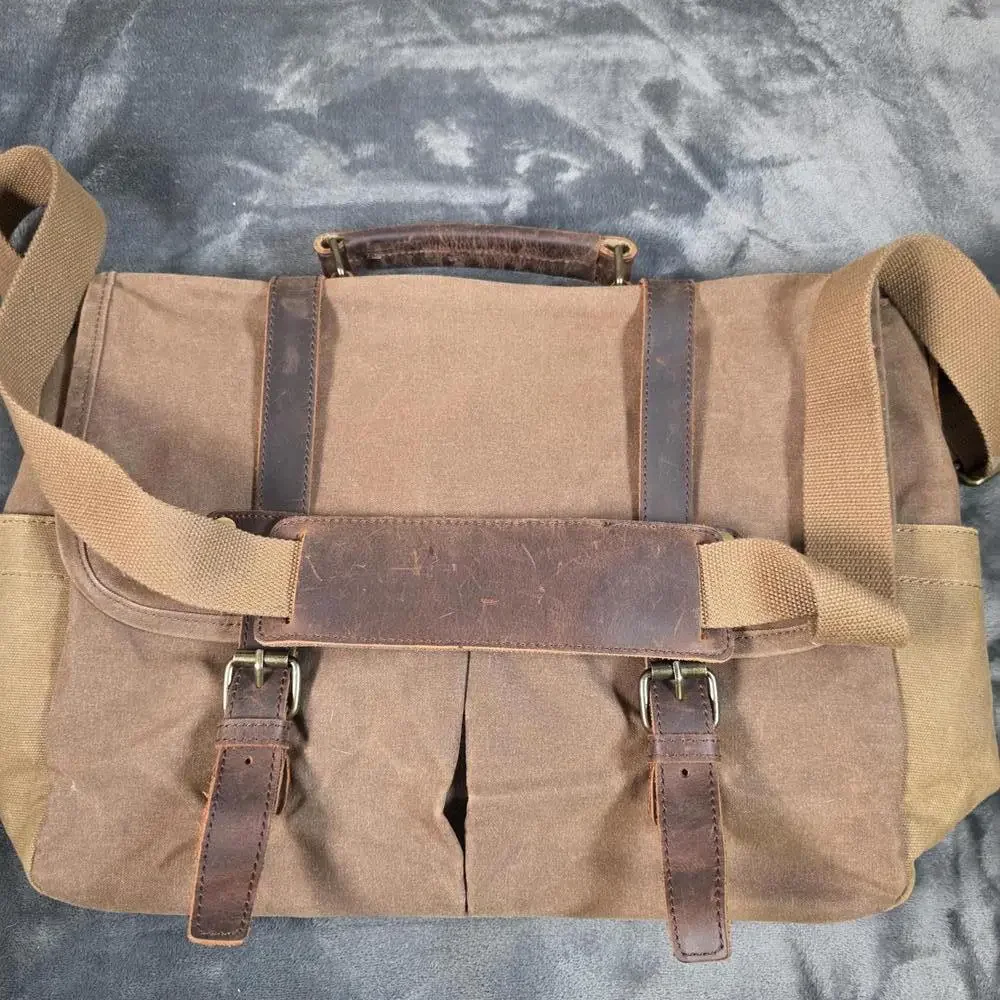 NEWHEY Messenger Bag Leather Canvas Laptop Retro Professional Shoulder Strap